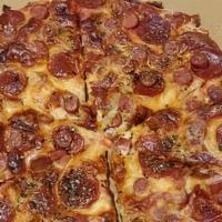 Sausage & Pepperoni Pizza · Generous amounts of sausage, pepperoni, mozzarella, marinara, chopped garlic, fresh basil, a...