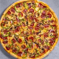 Loaded Pizza · Fresh mushrooms, green peppers, red onions, pepperoni, and fresh mozzarella baked on a hand-...
