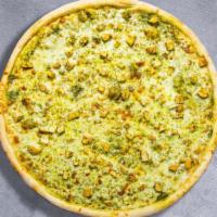 Chicken Pesto Pizza · Fresh pesto, chicken, mozzarella cheese, and parmesan baked on a hand-tossed dough