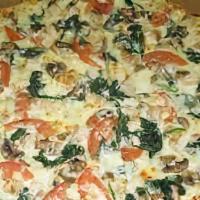 Chicken Alfredo Pizza · Alfredo sauce, juicy chicken, mozzarella, marinara, chopped garlic, fresh basil, and extra v...