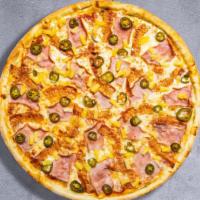 Spicy Hawaiian Pizza · Fresh pineapples, ham, mozzarella, and spicy jalapenos baked on a hand-tossed dough