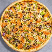 Veggie Pizza · Mushrooms, red onions, pepperoncini, bell peppers, and our house cheese blend.