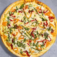 Greek Pizza · (VEG) Olive oil glaze, fresh garlic, mozarella cheese, fresh spinach, red onions, black oliv...