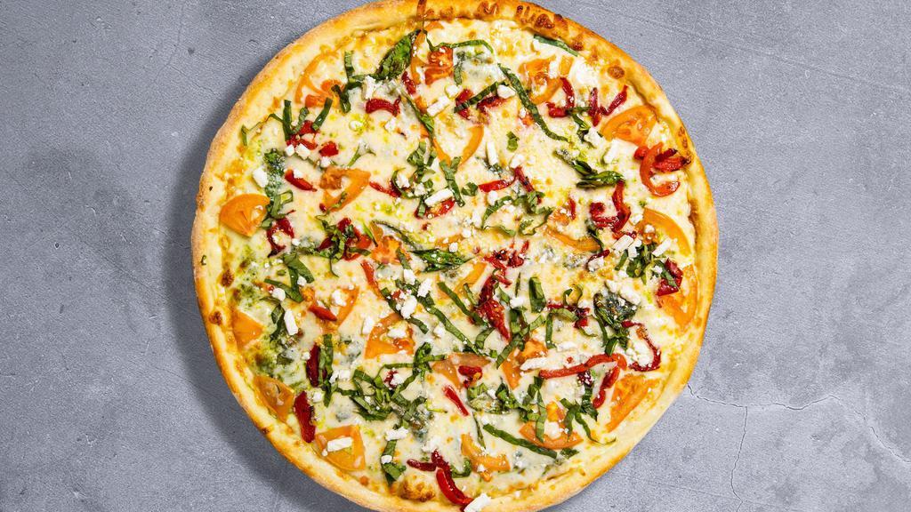 Greek Pizza · (VEG) Olive oil glaze, fresh garlic, mozarella cheese, fresh spinach, red onions, black olives, tomato slices, feta cheese.