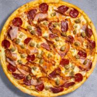 Pepperoni & Mushrooms Pizza · Pepperoni, mushrooms, mozzarella, marinara, chopped garlic, fresh basil, and extra virgin ol...