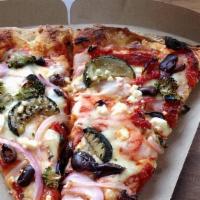 Meditteranean Pizza · Pesto and tomato sauce, mozzarella cheese, garlic chicken, red onions, Kalamata olives, and ...