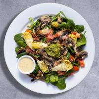 Spinach Formaggio Salad · Baby spinach, sun-dried tomatoes, marinated portabella mushrooms, roasted red peppers, Kalam...