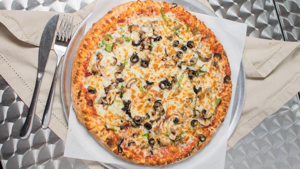 Supreme · Pepperoni, sausage, green peppers, red onions, mushrooms, black olives.