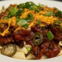 Longshots Southwest Pasta Bowl · Penne topped with chili, pepper, scallions and Cheddar cheese. Pasta is Penne and served wit...