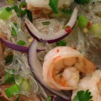 Yum Woon Sen · Clear noodle mixed with shrimp, ground chicken, red onion, scallion, cilantro, and peanut in...