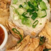 Crispy Chicken · Crispy friend chicken. Served with jasmine rice, steamed broccoli, and prawn chips.