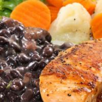 Lime Salmon · New. Perfectly cooked salmon served with white rice, black beans and California vegetables