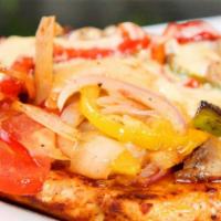 Pollo Sol · Grilled chicken breast with sautéed onions, tomatoes, mushrooms and bell peppers. Covered wi...