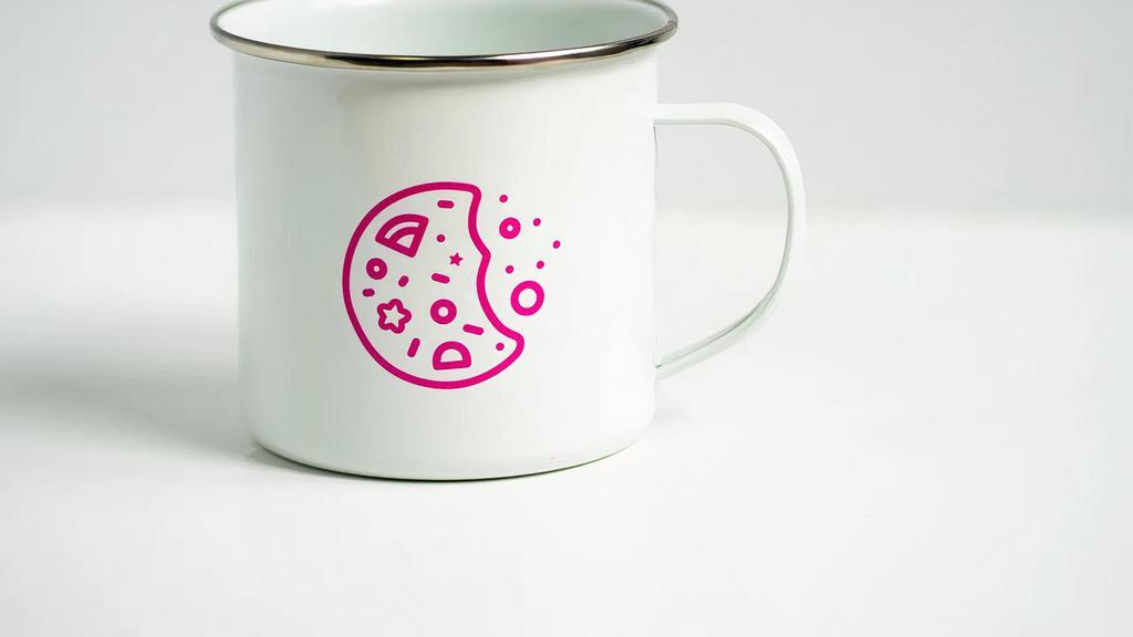 Pink Door Cookies Camping Mug · White metal mug. Hot pink PDC logo.