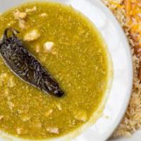 Chile Verde · Tender pork simmered in a spicy hot chile Verde sauce. Served with flour tortillas.