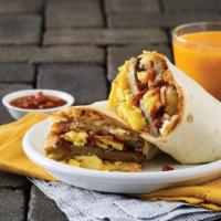 Breakfast Burrito · 3 Eggs, Bacon, Sausage, Pepper Jack Cheese, Jalapeño Cream Cheese, Salsa, Hashbrowns in a Wh...