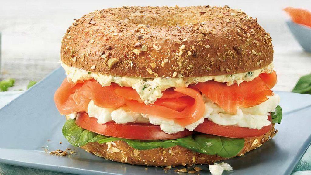 Ultimate Lox Egg White · Spinach, Tomato, Scallion Cream Cheese, Egg White, Lox on a your Choice of Bagel.