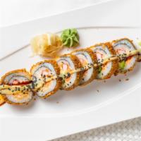 Monster Roll · Salmon, crab, avocado, cream cheese in tempura  and special sauce.