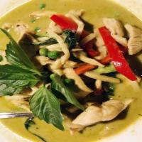 (L) Green Curry · Spicy. Green curry paste, green chilies, coconut milk, bamboo shoots, bell peppers and fresh...