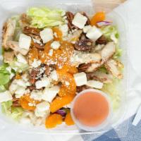 Raspberry Pecan Chicken Salad · Fresh green lettuce mix with grilled chicken breast, mandarin oranges, pecans, crumbled feta...