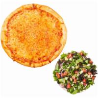 Moon Cheese Pizza + Greek Salad · Marinara, melted cheese AND a Greek Salad: Mixed greens, tomatoes, cucumbers, black olives, ...