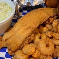 Coastal Platter · Choice of three- 1 pc fish of Trout or Flounder,  Oysters, Shrimp or 1 pc Deviled Crab. Choi...