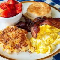 The 5 Point · Two eggs, bacon or sausage, hashbrown casserole, fresh fruit, and a house biscuit with.