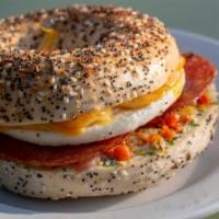 Breakfast Bagel Sandwich · Everything bagel, veggie cream cheese, soppressata salami, egg & cheddar cheese.