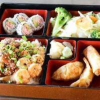 Chicken & Shrimp Bento Box · Choice of hibachi. Served with mixed vegetables, four pieces California roll, two pieces of ...
