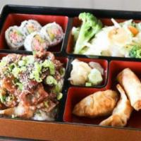 Bento Chicken & Beef · Your choice of hibachi. Served with mixed vegetable, rice or noodles. Plus 4 pieces of Calif...