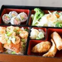 Bento Salmon & Shrimp · Your choice of hibachi. Served with mixed vegetable, rice or noodles. Plus 4 pieces of Calif...