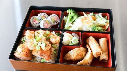 Bento Salmon & Shrimp · Your choice of hibachi. Served with mixed vegetable, rice or noodles. Plus 4 pieces of California roll, 2 pieces of chicken dumpling, 2 pieces of spring roll.