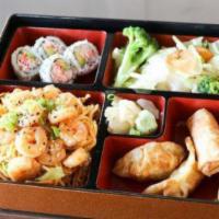 Shrimp Bento Box · Choice of hibachi. Served with mixed vegetables, four pieces California roll, two pieces of ...