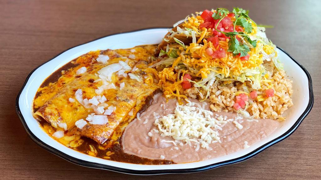 El Lopez · Two cheese enchiladas, crispy beef taco, guacamole taco, mexican rice and 2x frijoles - no substitutions, por favor!