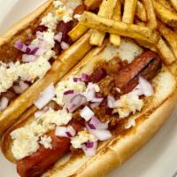 Prairie Dogs · Two all-beef hot dogs topped with chili and coleslaw. Served with a side of hand-cut fries.