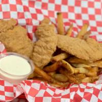 Lil' Fingers · Crispy chicken tenders. Served with a side of hand-cut fries.
