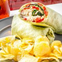 Vegetarian Wrap · Spinach, tomatoes, roasted red peppers, goat cheese, mozzarella & balsamic vinaigrette .