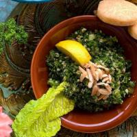 Tabbouleh Salad · Finely organic chopped parsley mixed with organic cracked wheat, diced tomatoes, cucumbers, ...