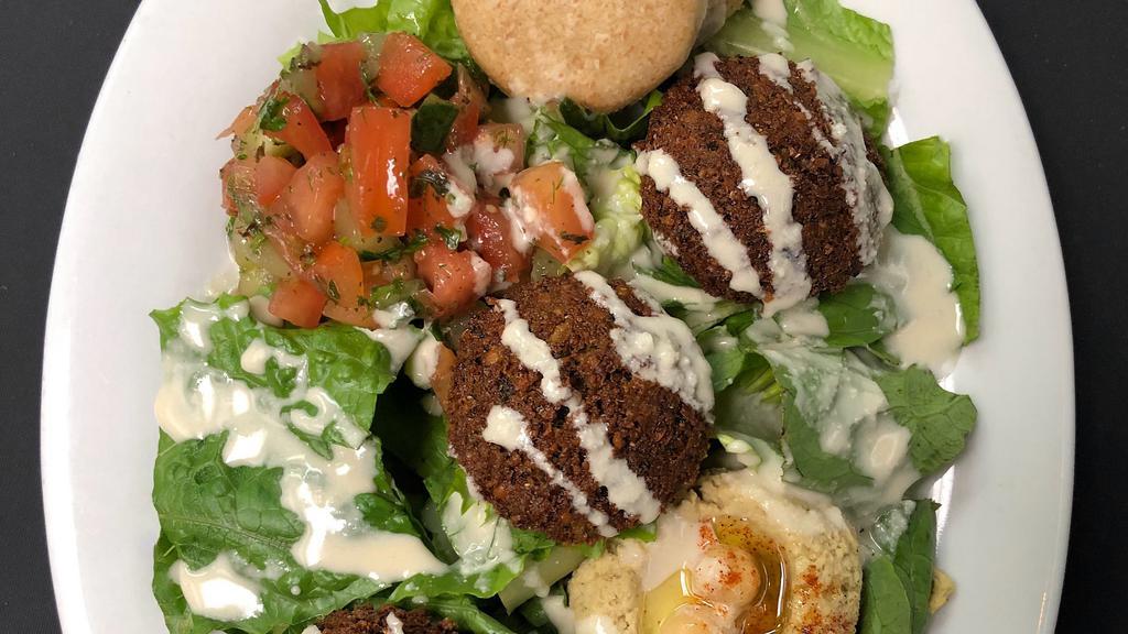 Kid'S Falafel Meal · Famous falafel served on a bed of romaine with hummus, shepherd salad, pita bread, and tahini sauce.