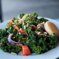 Kale Salad (Lunch) · Fresh kale, shredded carrots, sliced red onions, Roma tomatoes tossed in Baladi house dressi...