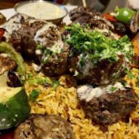 Beef Kebab Platter Lunch · Beef kebab skewers marinated in organic thyme, toasted sesame seeds, olive oil, and red wine...