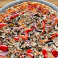 Vegetariana Pizza · Tomato sauce, whole-milk mozzarella, roasted red peppers, red onions, fresh garlic, fresh mu...