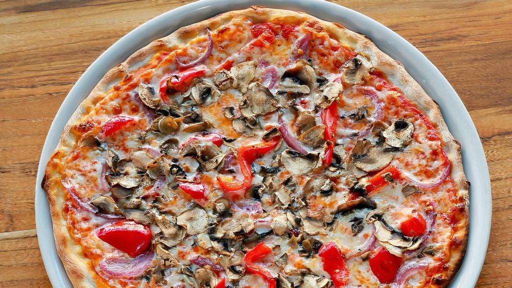 Vegetariana Pizza · Tomato sauce, whole-milk mozzarella, roasted red peppers, red onions, fresh garlic, fresh mushrooms.