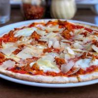 Parmigiana Pizza · Tomato sauce, homemade italian sausage, fior di latte (fresh mozzarella), roasted eggplant, ...