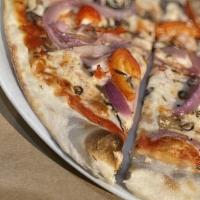 Genovese Pizza · Whole milk mozzarella, fior di latte (fresh mozzarella), cherry tomatoes, black pepper, basi...