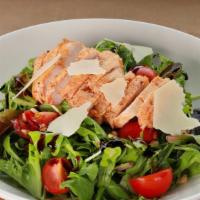 Pinea Salad · Arugula, spring mix, cherry tomatoes, pine nut, roasted chicken, EVOO, balsamic vinegar and ...
