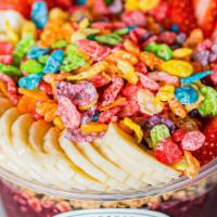 Breakfast Bowl · Acai blend, granola, strawberries, bananas, fruitty pebbles, lechera.