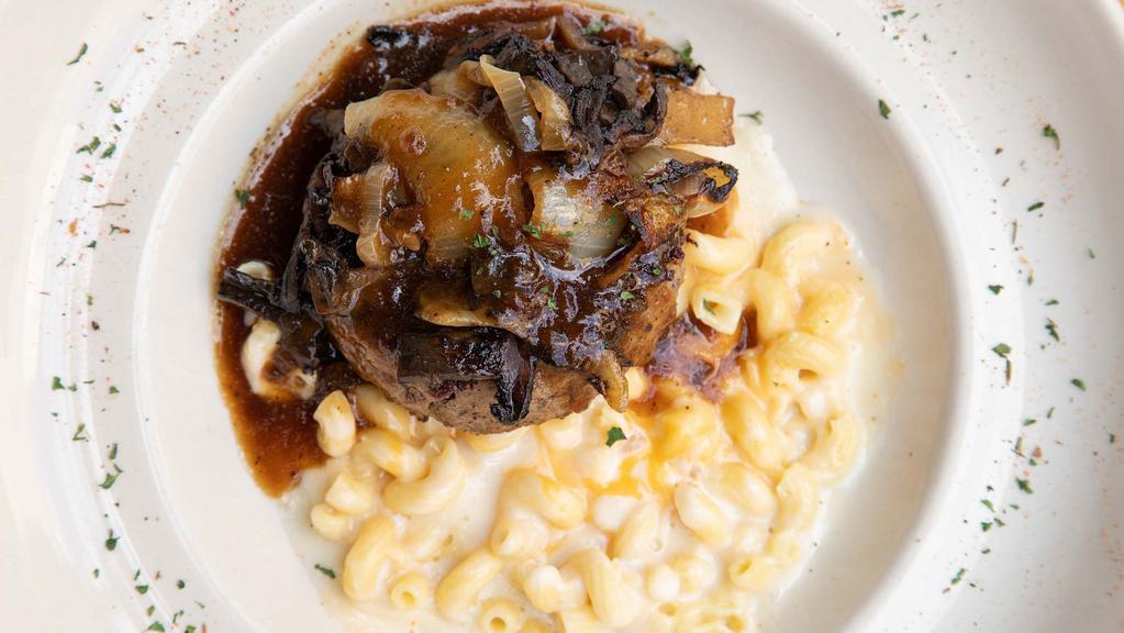 Angus Hamburger Steak · Sautéed mushrooms, grilled onions, rich gravy, creamy  mac n cheese