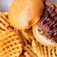 Urban Cowboy Burger · Angus beef patty, applewood bacon, cheddar, grilled onion, smoky bbq sauce, brioche bun