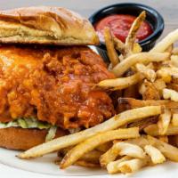 Buffalo Chicken Sandwich · Breaded chicken breast tossed in our buffalo sauce and served with lettuce and ranch dressin...